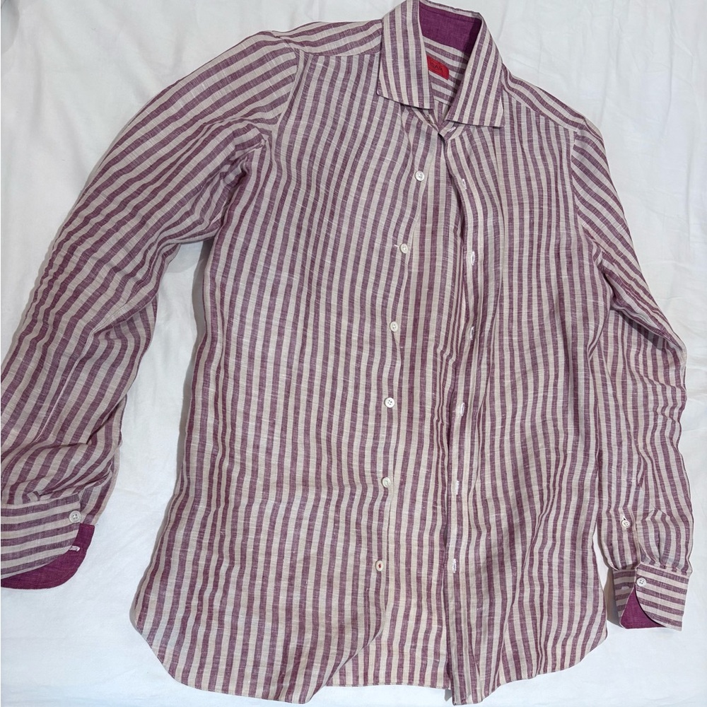 Isaia Maroon and White Striped Dress Shirt